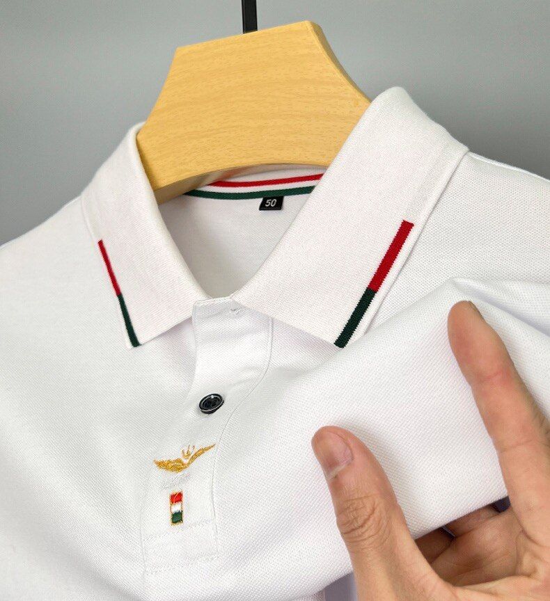 High end embroidered short sleeve T-shirt men mercerized cotton breathable polo shirt summer new simple solid casual Paul shirt White-XXL