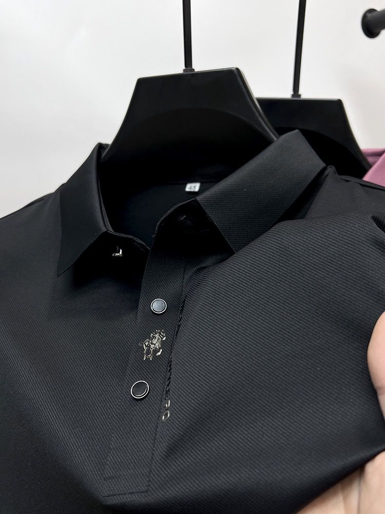 High-quality ice-smooth breathable short-sleeved t-shirt men_s summer brand embroidered polo shirt fashion casual men_s wear Black-XXXL