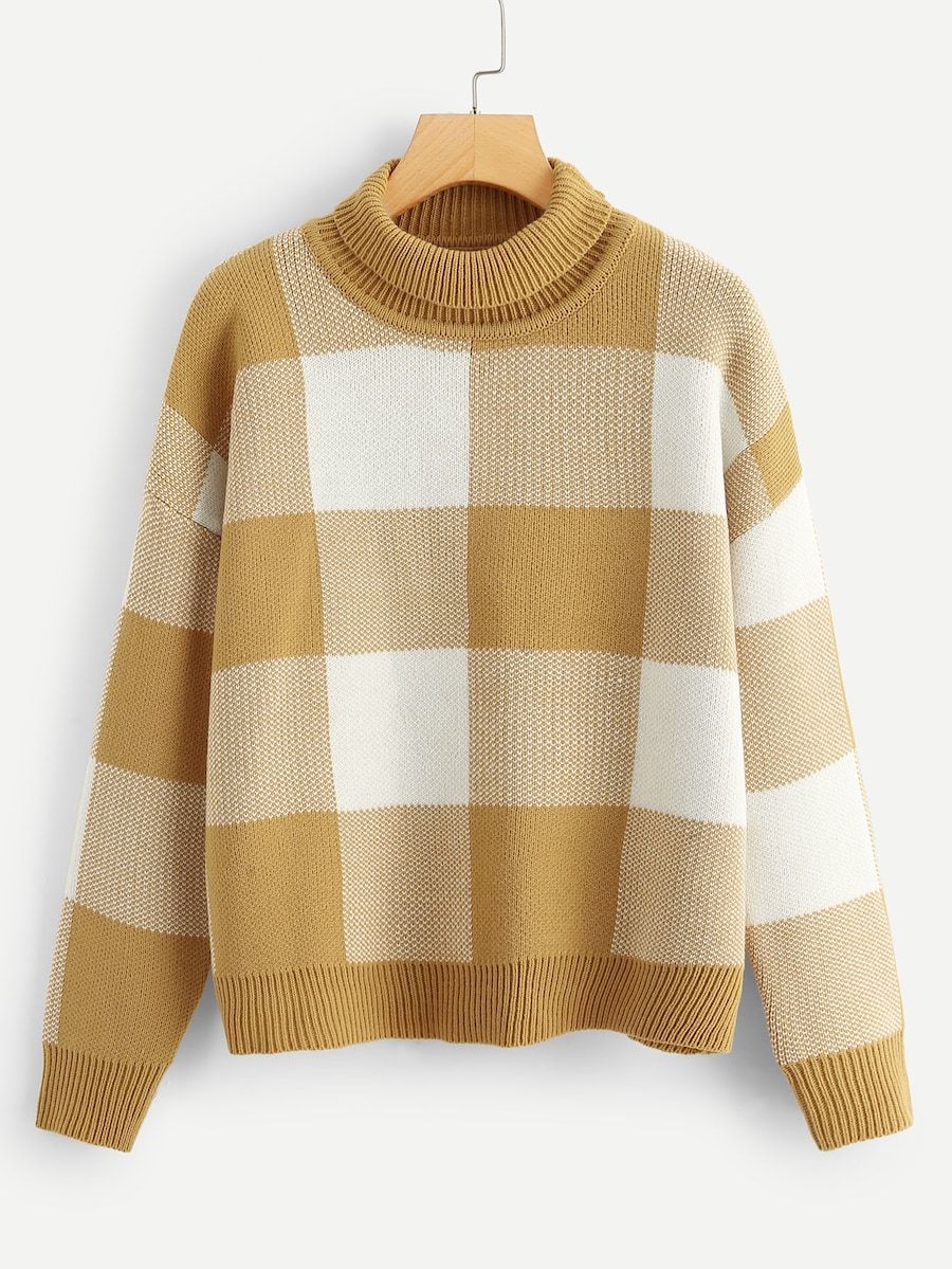 SHEIN Turtle Neck Plaid Sweater